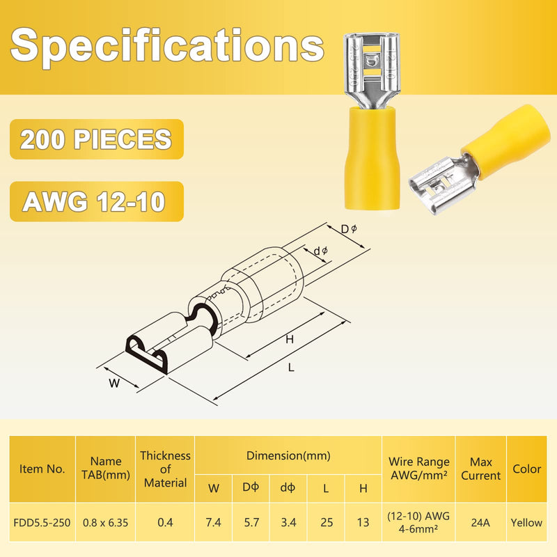 200 Pcs Yellow Female Quick disconnects Vinyl Insulated Spade Wire Connectors, Electrical Crimp Terminal 12-10 AWG (6.3mm) Yellow(12-10 AWG)