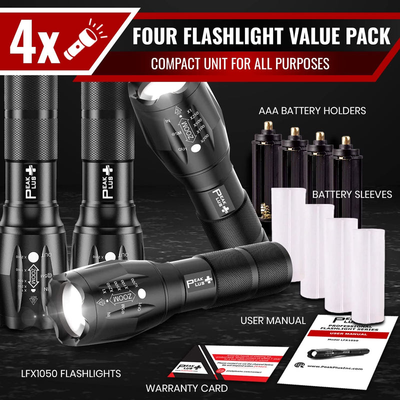 PeakPlus LED Flashlights High Lumens, Tactical Flash Lights [4 Pack] - Super Bright Waterproof Zoomable 5 Modes - Powerful Handheld Flashlight for Emergencies, Camping, Outdoor, Dog Walking 4 PACK