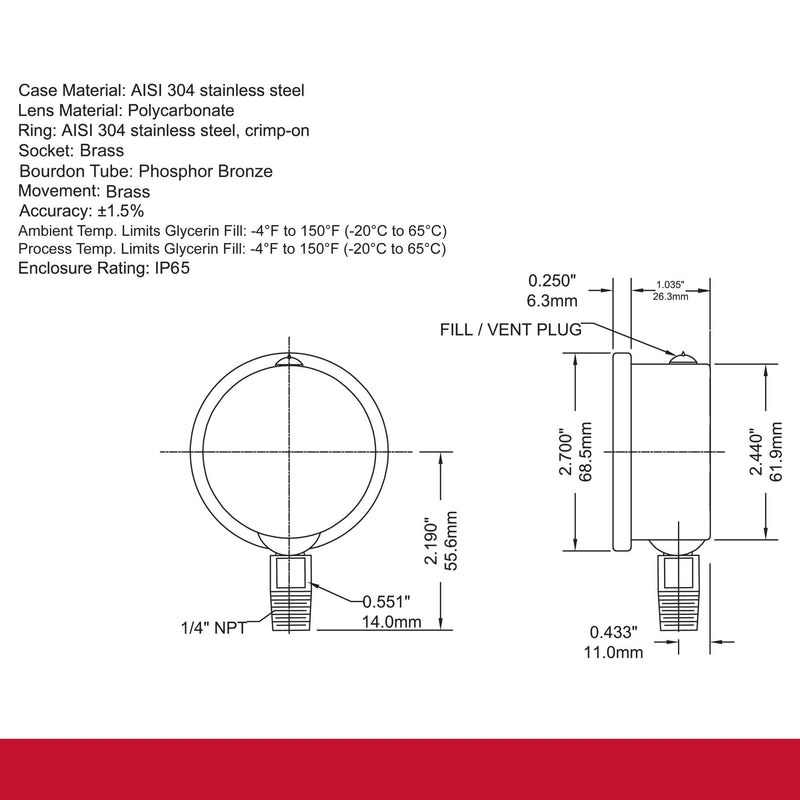 Winters 2-1/2" Dial Size, Liquid Filled Industrial Pressure Gauge, Brass Internals, 304 Stainless Steel Case, Single Scale 0-100 psi, 1.5% Acc, 1/4" NPT Bottom Mount, Glycerin Filled Pressure Gauge 0/100 PSI