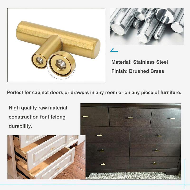 LONTAN 12 Pack Gold Drawer Knobs for Dresser Kitchen Cabinet Knobs Gold Hardware for Cabinets Brushed Brass T Bar Knobs for Dresser Bathroom，Stainless Steel T Bar Knob