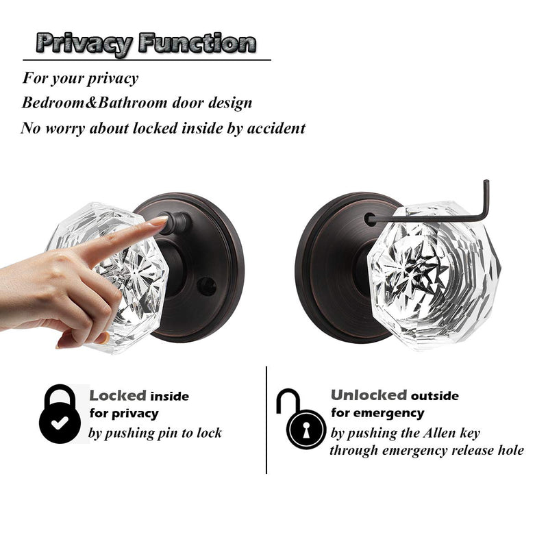 Gobrico Crystal Bed/Bath Door Knob,Oil Rubbed Bronze Diamond Lockset for Closet Interior Doors,Glass Diamond Door Handle and Pull,1Pack Privacy Oil Rubbed Bronze 1