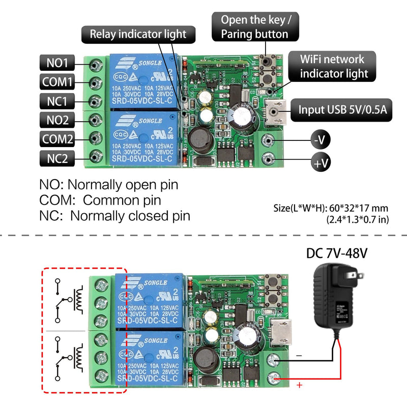 DieseRC 2 Channels WiFi Smart Switch, DC 5V 12V 24V 36V Passive Output Relay Module Ewelink APP WiFi Control Compatible with Alexa/Google Home, Inching/Self-Locking Switch EW-2CH