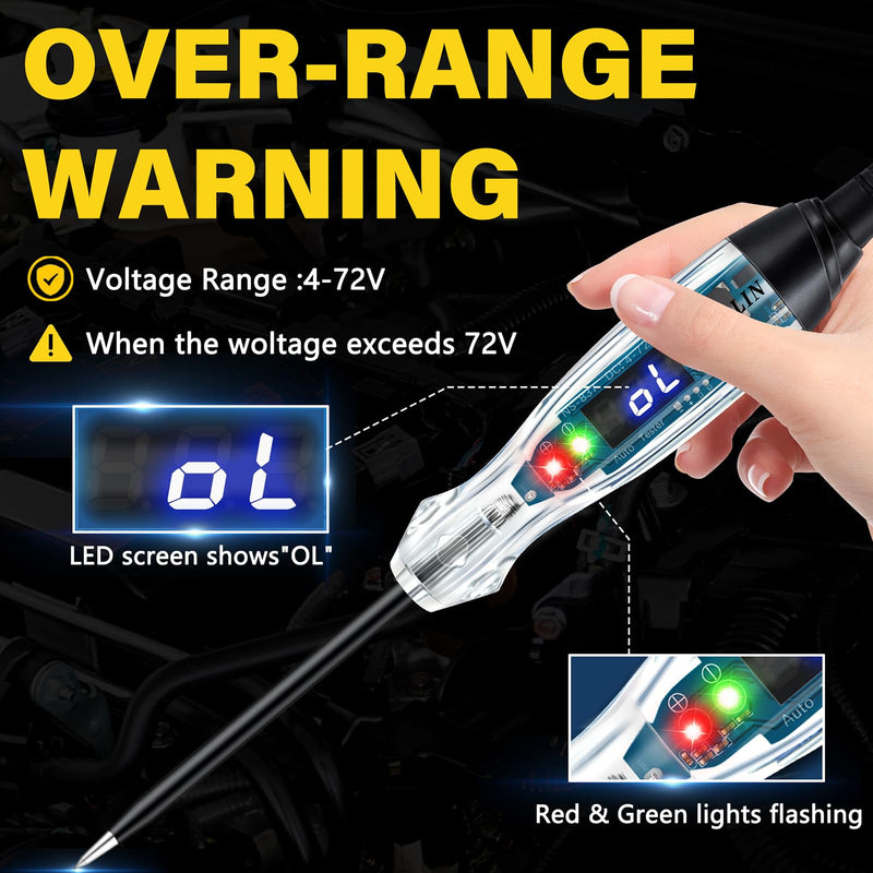Upgraded Automotive Buzzer Test Light 4-72V DC Digital LED Circuit Tester, Heavy Duty Light Tester with Voltmeter, Auto Bidirectional Voltage Tester Electric Test Pen