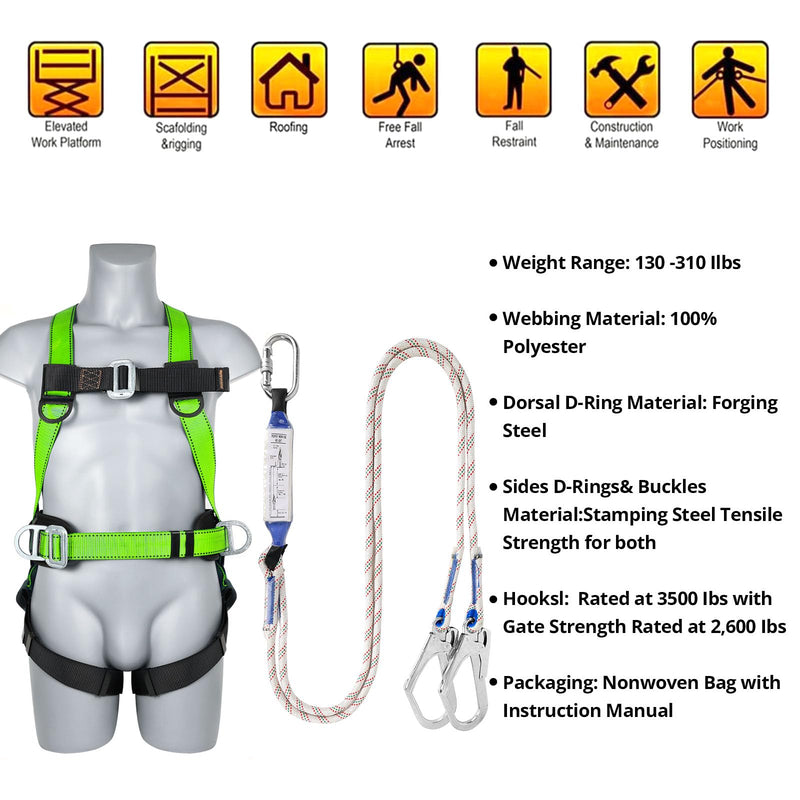 Safety Harness Fall Protection Kit - Full Body Roofing harnesses with Shock Absorbing Lanyard Updated Waist Paded Green
