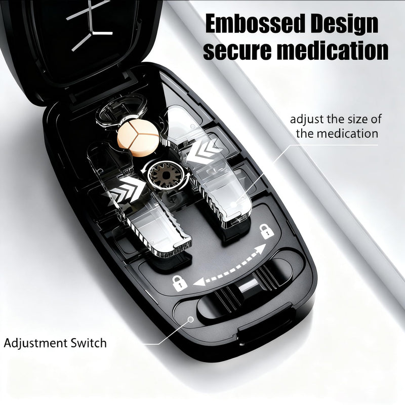 Pill Cutter Splitter for Small and Tiny Pills - Pill Cutter 1/4 - Accurately Cuts Multiple Pills - Easy Open Snap Button. Detachable Nonslip V-Shaped Pad. Wrap-Around Blade Guard. Back Storage (Black) Black