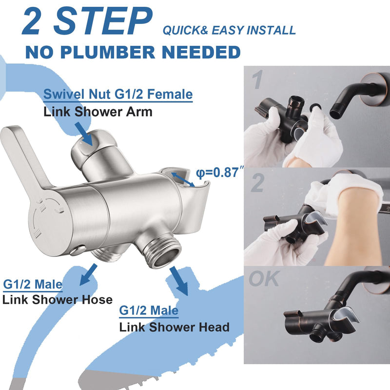 3 Way Shower Diverter Valve with Hand Shower Holder, G1/2 Shower Head Splitter, Shower Arm Diverter, Bathroom Universal Shower System Replacement Part (Brushed) Brushed