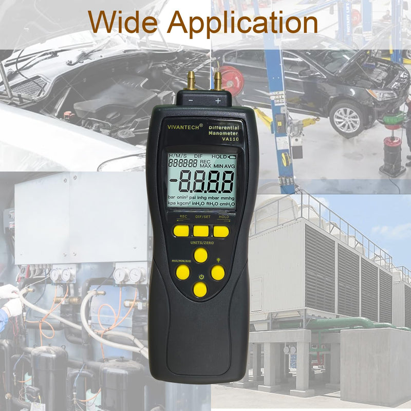 VA110 Manometer HVAC Gas Pressure Tester Pressure Differential Gauge – 35PSI/241.3kPa High Accuracy Meter with Data Storage, Auto Shut-Off, and Backlit LCD for Automotive & HVAC Systems
