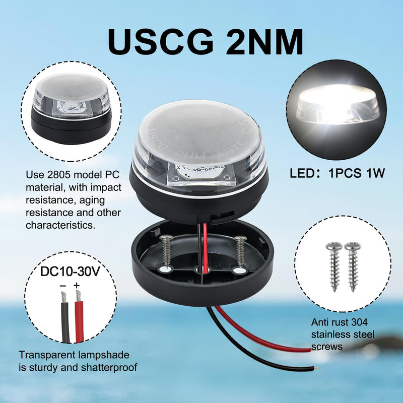 LED Waketower All-Round 360 Degree White Boat Tower Light,Anchor Light,Bimini Top,USCG Certified 2NM, DC 10-30V