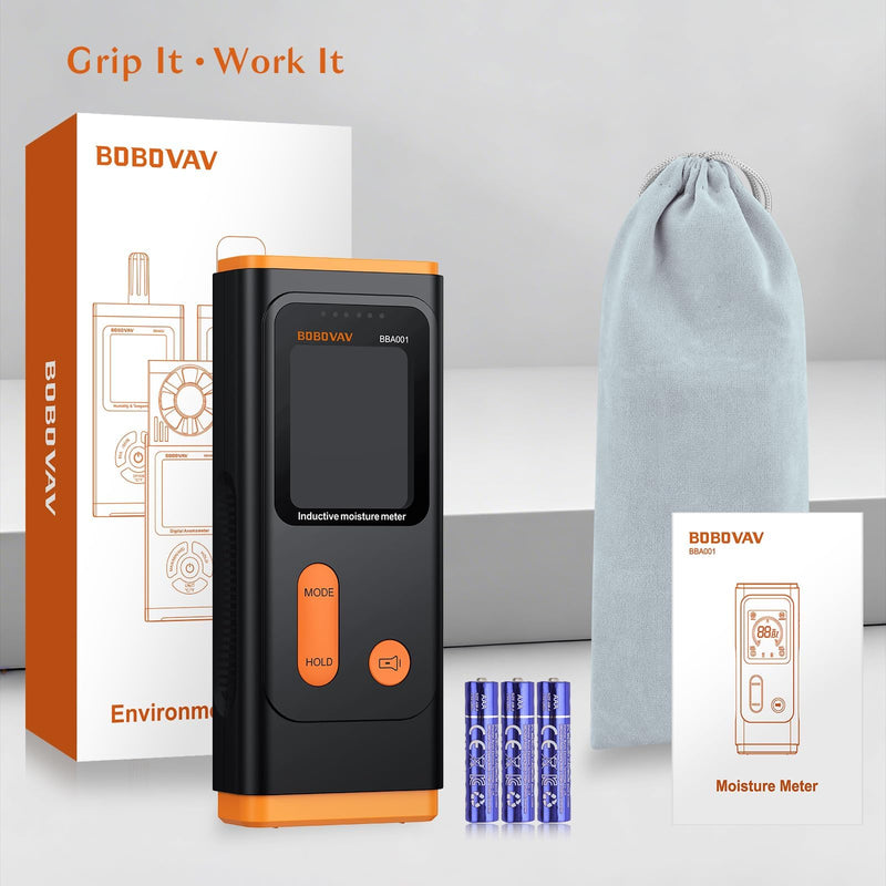 Pinless Moisture Meter with 4 Material Modes & 3- Color Alert, Non‑Destructive Moisture Detector with VA Color Display & Flashlight for Wall, Masonry, Softwood, Hardwood