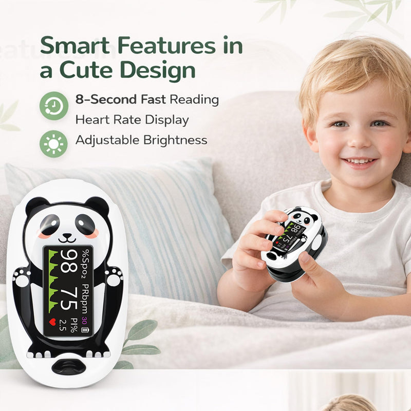 Pediatric Pulse Oximeter for Kids 2+, Panda Design Fingertip Oxygen Monitor with Digital Display for Heart Rate and SpO2 Monitoring