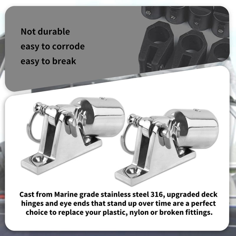 Bimini Top Hardware, Deck Hinge with Quick Release Pin & Eye End Cap, 316 Stainless Steel, Fits 7/8" OD Round Tubing (Set of 2 Pairs) 7/8 Inch