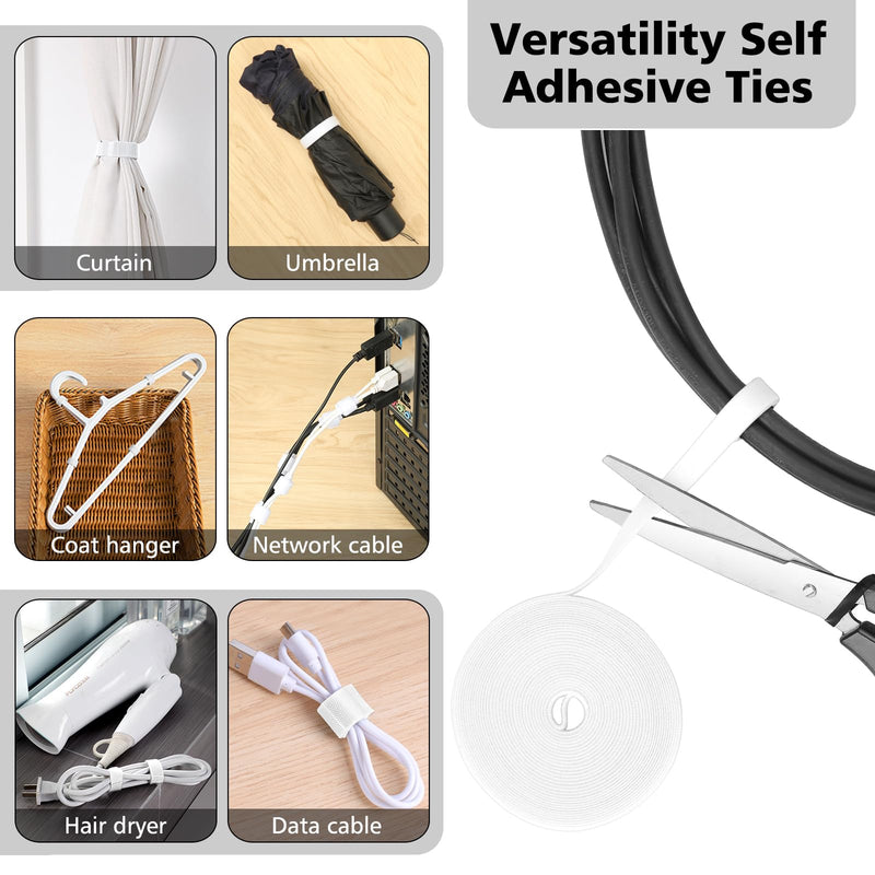 White Cable Management Organizer Kit, 2 Wire Sleeve Protector, 41 Self Adhesive Cable Clips Holder, 10pcs+2 Roll Reusable Cable Ties and 100 Cable Zip Ties for TV Computer Cord Tidy Under Desk White