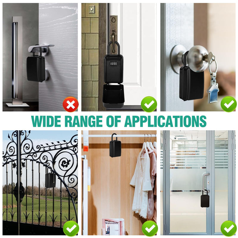 HUANLANG Key Lockbox for Outside,Spare Key Lock Box for Door Handle Waterproof 4 Digit Combination Resettable Code,Upgraded Large Capacity Heavy Duty Lockbox for House Keys, Car Keys, ID Cards Hang Ring-Black