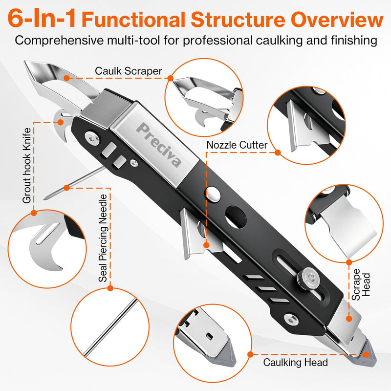 Preciva 6-in-1 Caulking Removal Tool w/ 5 Pads, Spatula