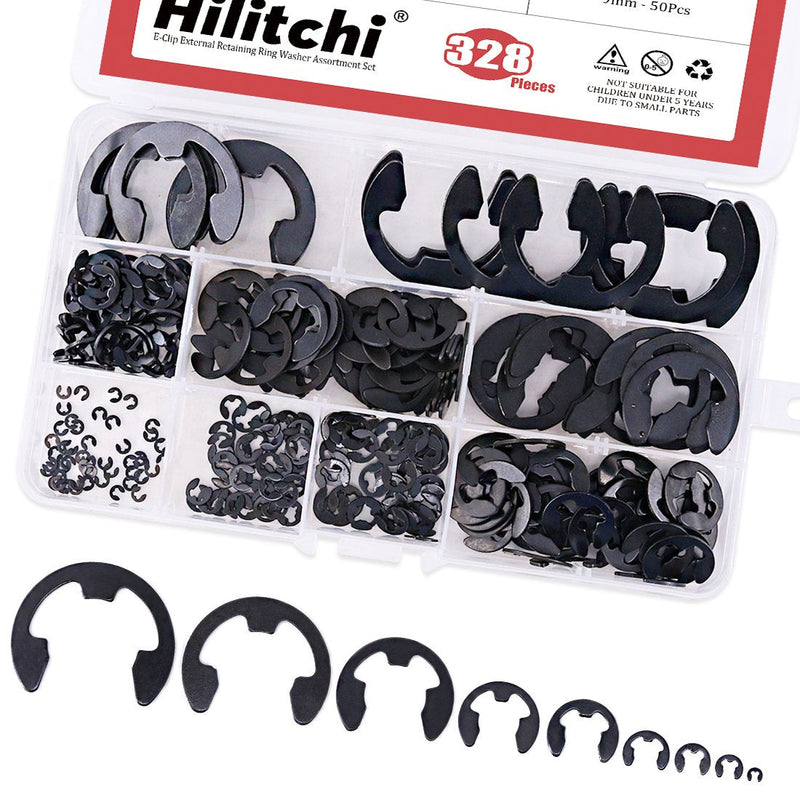 Hilitchi 328-Pcs [10-Size] Alloy Steel E-Clip Circlip External Retaining Ring Assortment Set