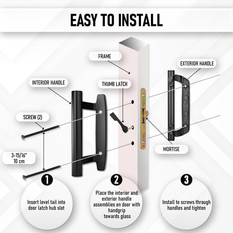 Sliding Glass Door Handle Replacement Kit, 3‑15/16" Screw Spacing, All- Aluminum, Mortise Style, Reversible, Non-Keyed, Fits 1‑3/8"–1‑3/4" Doors. (Non Keyed, Black)
