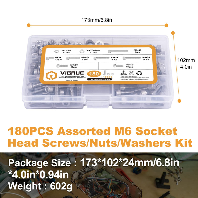 VIGRUE 180Pcs M6 Stainless Bolt Kit, M6x12/16/20/25/30/35/40mm Hex Socket Head Cap Screws Nuts Washers Assortment, Full UNC Thread M6 socket cap