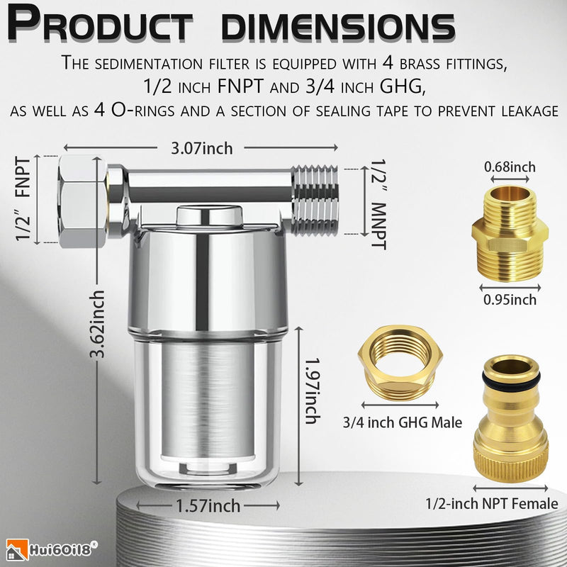 Reusable Inline Sediment Water Filter - 40 Micron Solid Brass Pre-Filter for Washing Machine, RV, Shower & Garden Hose - Explosion-Proof Clear Housing with 1/2" NPT & 3/4" GHT Adapters