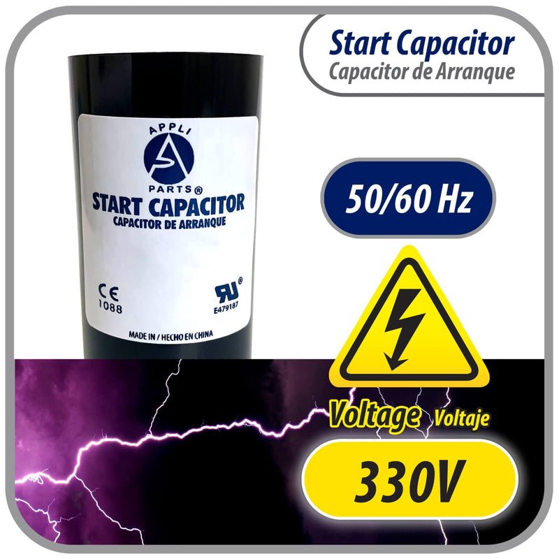 Appli Parts Motor Start Capacitor 88-108 Mfd (microfarads) uF 330 VAC Universal fit for Electric Motor Applications 1-7/16 in Wide 3-3/8 in Height CON-88-330