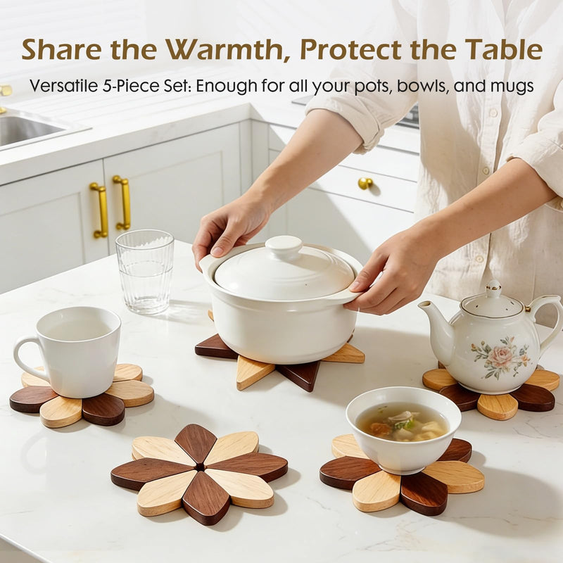 Wooden Trivets for Hot Dishes - Set of 5, Foldable Sunflower-Shaped, Thick Hot Pads for Countertops, Ceramic Pots, Farmhouse Kitchen Decor, Housewarming Gifts (Walnut & Beech Wood) Walnut & Beech Wood