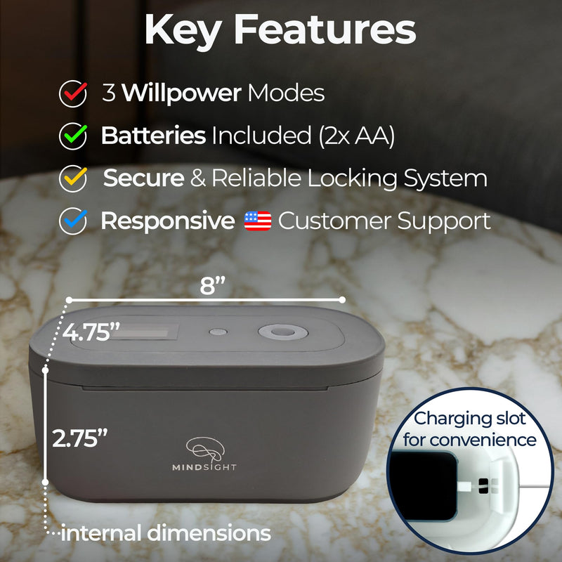 Mindsight Timed Lock Box | Unplug from Phones, Video Games, Social Media, Snacks & Cravings | 3 Modes based on Willpower | Easy to Use | Out of Sight ~ Out of Mind | Boost Your Mental Wellness Standard Charcoal