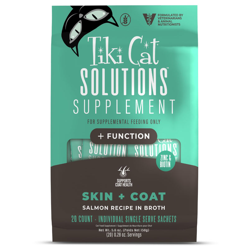 Tiki Cat Solutions Supplements Skin & Coat Mousse, Salmon in Broth, Formulated with Omega Fatty Acids, Functional Cat Food Supplement, 5.6 oz. Pouch (Pack of 20)