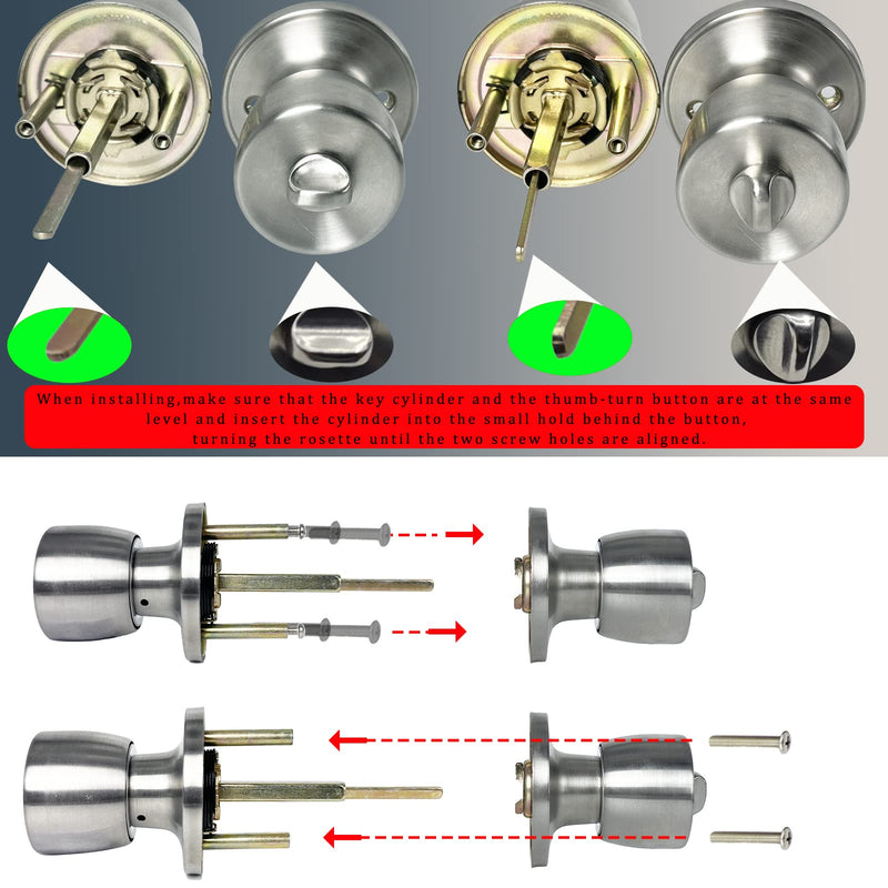 JO.KO Door Knob with Lock and Keyed, Satin Nickel Round Ball Lock Interior/Exterior Door Knob for Bedroom Or Bathroom (Stainless) 1 Piece Keyed Entry Satin Stainless