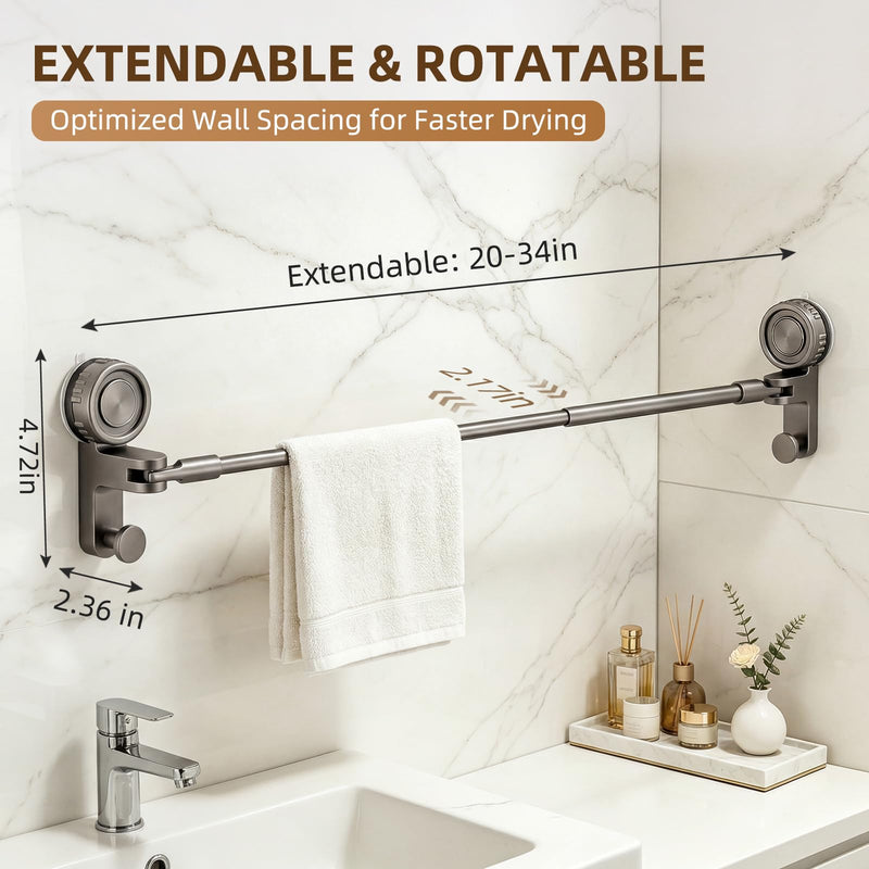 Adjustable Suction Cup Towel Bar for Bathroom Wall, 20-34" Extendable Carbon Steel Towel Racks, Space Saving Grey Bath Towel Holder with Hooks, No-Drill Mounted (20-34IN, 1-Tier) 20-34IN