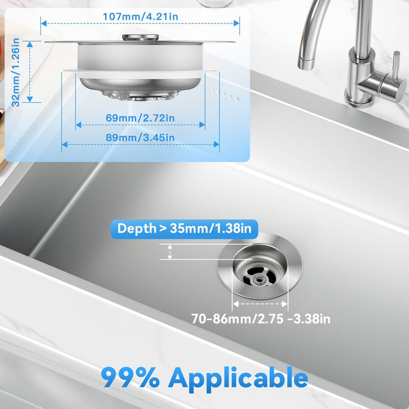 3 in1 Kitchen Sink Drain Strainer, 10,000 Press Test 304 Stainless Steel Pop-up Sink Stopper, 3 in 1 Fast Drain Deodorizing Anti-Clog Strainer for RV Kitchen Standard 3-1/2 in Bathroom Sink Plug