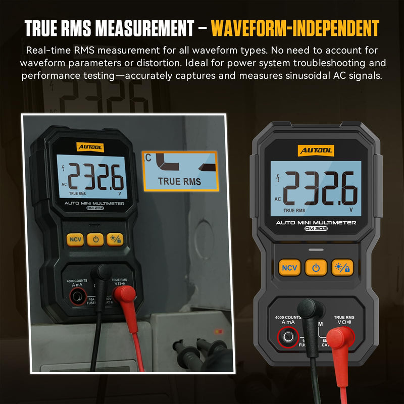 AUTOOL DM202 Mini Digital Multimeter, Auto-Ranging 4000 Counts True RMS NCV Non-Contact Voltage Tester, 600V AC/DC Voltmeter with Backlight, Automotive Electrical Diagnostic Tool