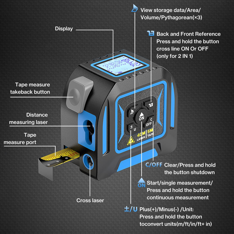 2-in-1 Laser Tape Measure, Lytool 130Ft/40m Laser Measurement Tool, 16Ft/5m Measuring Tape, Digital Laser Tape Measure with M/in/Ft/Ft+in Units, LCD Display, Self-Locking Tape, Belt Clip - NewNest Australia