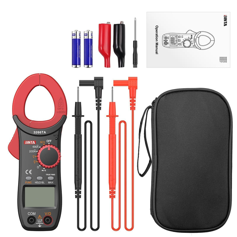 BINTA Digital Clamp Meter, 2000 Counts 600A AC Multimeter with NCV, TRMS Auto Range, 600V AC/DC Amp Voltage Tester with Ohm Measures, Capacitance Resistance Diodes, Non-Contact Voltage Detection