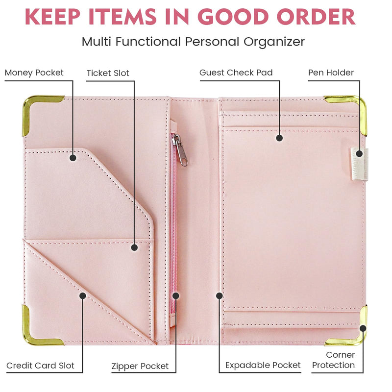 Server Book for Waitress Organizer Wallet for Women Cute, Receipt Holder Presenter 5 Pockets Waiter Accessories (Pink Plaid)