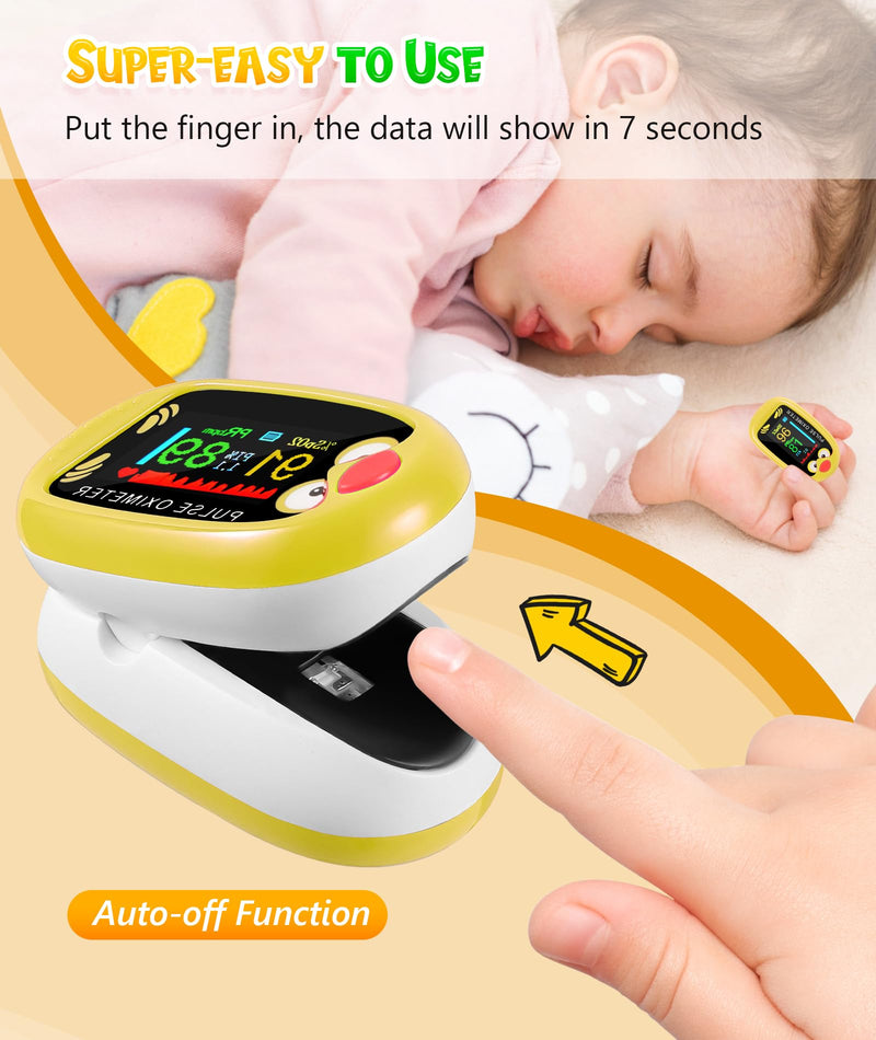 Pediatric Pulse Oximeter, Rechargeable Oximeter for Kids, Baby Oxygen Monitor, Blood Oxygen Saturation, Pulse Rate Monitor, Cute Cartoon Design, USB-C Charging (Yellow)