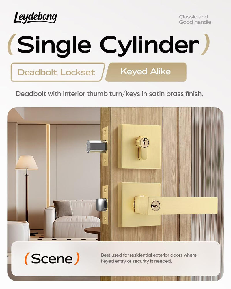 Leydebong 1 Pack Gold Entry Door Locksets with Single Cylinder Deadbolt, Front Door Lock Set, Heavy Duty Entrance Lever Door Handle Single Keyed Square Deadbolt Lock Single Cylinder Deadbolt Lockset - Keyed Alike Satin Brass