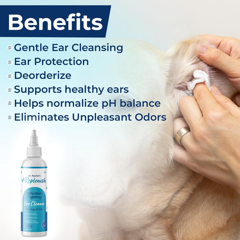 Replenish Ear Cleaner for Dogs and Cats - Dr. Rachel's Alcohol Based Gentle Ear Cleansing Solution with Aloe Vera-Infused Cucumber Melon Scent - 8 oz - PawsPlanet Australia