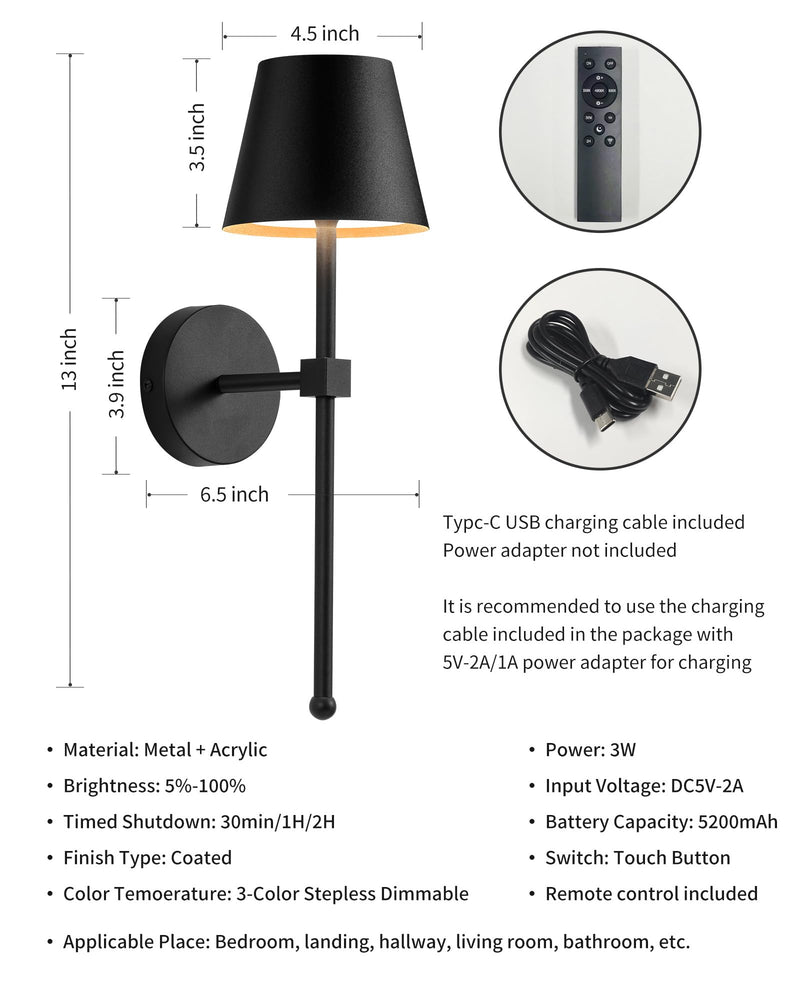 KDG Wireless Wall Sconces Set of 2, Small Cordless 5200mAh Rechargeable Battery LED Wall Lamps, Stepless Dimming Lightings for Wall Painting, Living Room, Bedroom, Hallway, Gifts, Night Light (Black) Black (2 Pack)
