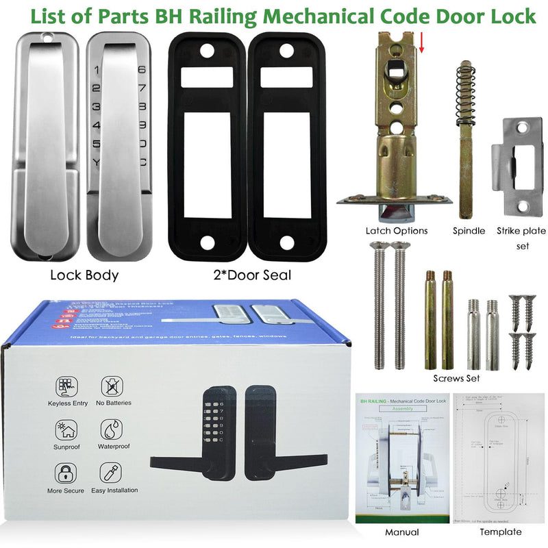 High-Security 12 Digit Keypad Mechanical Door Lock - Keyless Entry, Mechanical Code Lock with Handle, Waterproof & Rustproof, No Battery, Easy to Install, Silver, BH-MDLS0030102 Satin Chrome