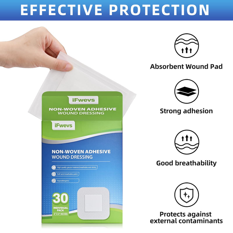 30 Count Bordered Gauze Island Dressing - 4" x 4" Sterile Individually Wrapped Gauze Pads Highly Absorbent, Non-Woven Backing -Breathable Wound Dressing for First Aid（2x2 Non-Stick Pad in Center）