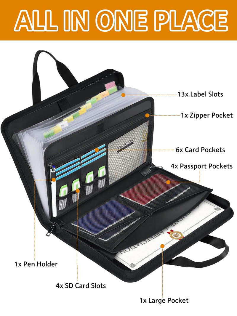 Important Document Organizer Folio Accordion File Organizer Fireproof Expanding File Folder Storage Box with Zipper Labels 13 Pockets for Business Office Receipt Travel Black Classic