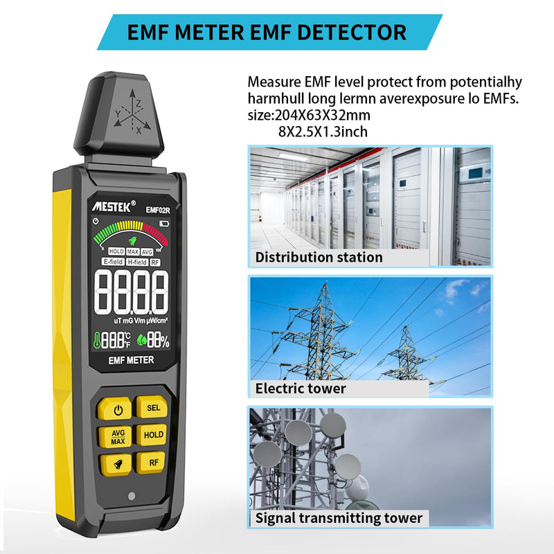 EMF Detector, MESTEK 5 in 1 EMF Meter Radiation Detector, Electric Field, Radio Frequency Field Temperature, Magnetic Field Strength Meter, Rechargeable EMF Reader Home EMF Detection and Ghost Hunting EMF02R-Yellow