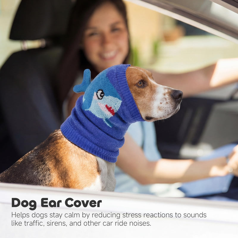 Nanaki Noise Cancelling Dog Ear Muffs for Anxiety Relief,Vet Visit,Travel-Breathable Dog Head Protection for Bath,Grooming No Shake Ear Wraps for Dogs Hematoma,Snoods for Eating Drinking Cute Shark XL(head:17.3-20.5in) Blue
