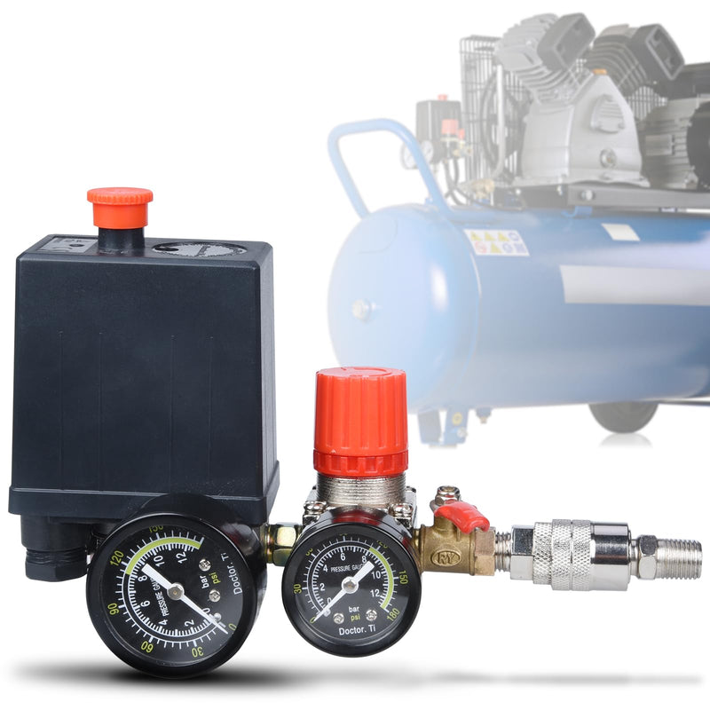 Preciva Air Compressor Pressure Switch Control Valve with 4 Way Valve Air Pressure Regulator 0-180PSI / Safety Pressure Relief Valve/Threads Pipe & Plug