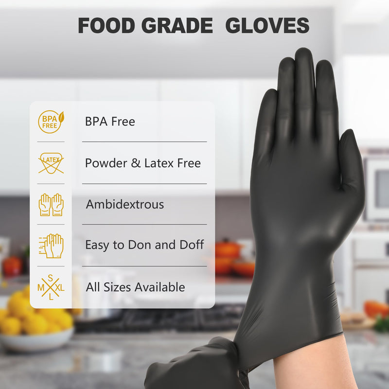 Black Vinyl Gloves, Food Grade Gloves Disposable Latex Free & Powder Free, Guantes for Cleaning Cooking Food Prep Large 100