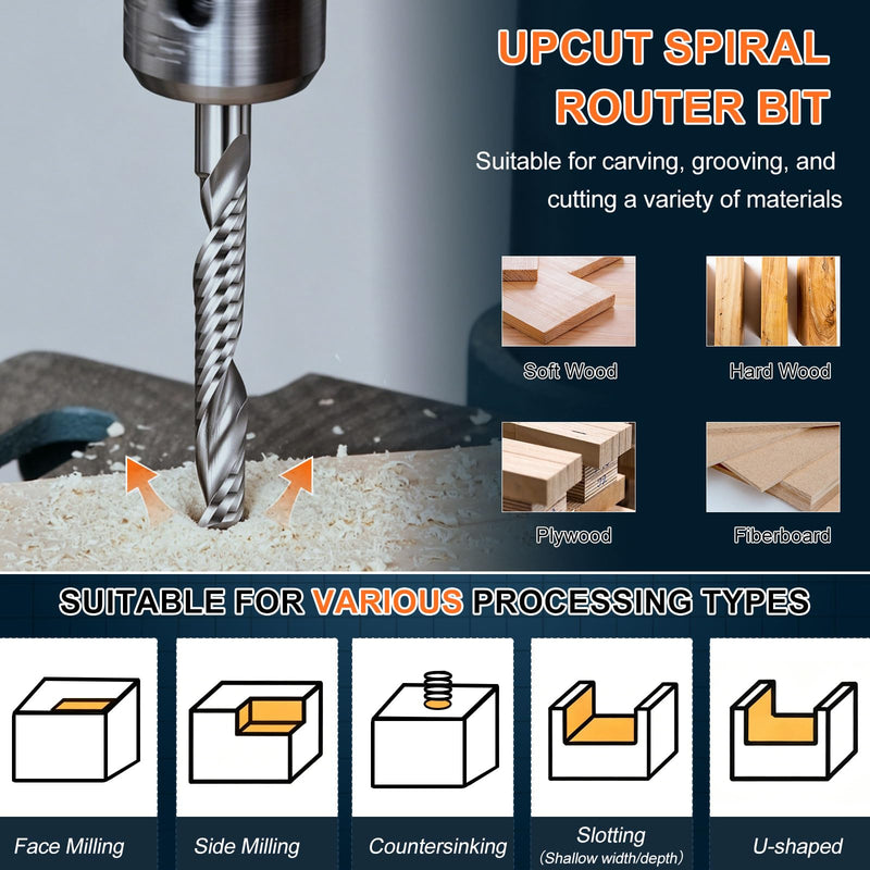 Carbide Upcut Spiral Router Bit, 8mm Shank CNC Router Bits 8mm x 52mm (Cutting Dia x Length) Single Flute End Mill Cutter for Wood Cut, Inlay, Grooving 8mm Dia - 52mm CL - 8mm Shank