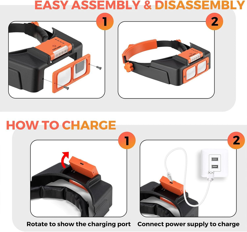 Magnifying Glasses with Light for Close Work, Rechargeable Headband Magnifier 1.5X-3.5X Magnifying Headset with 4 Lenses, Storage Case, Jewelers Optivisor Loupe Visor for Reading,Crafts,Hobby