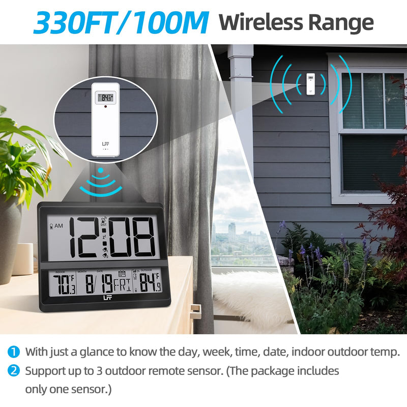 LFF Atomic Clock Large Display, Digital Wall Clock with Indoor Outdoor Temperature and Date, Wireless Outdoor Sensor, Digital Desk Alarm Clock Battery Operated for Bedroom, Easy to Read, Black