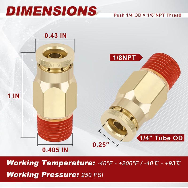 1/4" Quick Push to Connect Fittings Brass Union Straight Joint DOT Approved 1/4" Tube OD x 1/8" NPT Thread Air Line Adapter Air Suspension Kit for Truck Trailers and Air Brake System 4pcs 1/4"OD × 1/8"NPT Thread Male Straight-4pcs