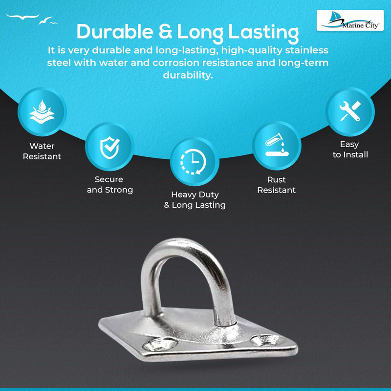 MARINE CITY U-Shaped Pad Eye, Polished Finish Stainless Steel, Durable, Corrosion-Resistant, Easy to Install for Marines, Boats, Ships, Kayaks, and Outdoor Use 2 PCS