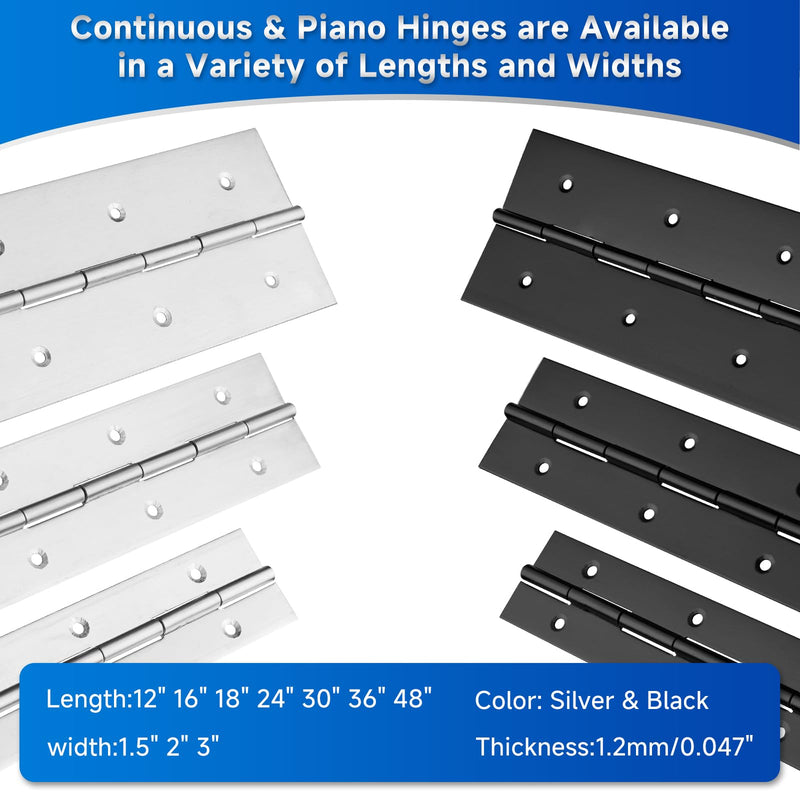 2Pack Heavy Duty Piano Hinge 30 Inch Stainless Steel Piano Hinge Black Continuous Hinge with Hole for Cabinets Boat Marine Door Box French Window Woodworking, 0.047" Leaf Thickness, 1.5'' Open Width